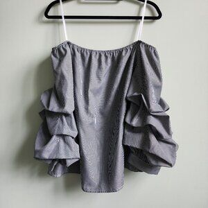 Bleuh Ciel Navy & White Striped, Off-the-Shoulder, Ruffle-Sleeve Top, Size M